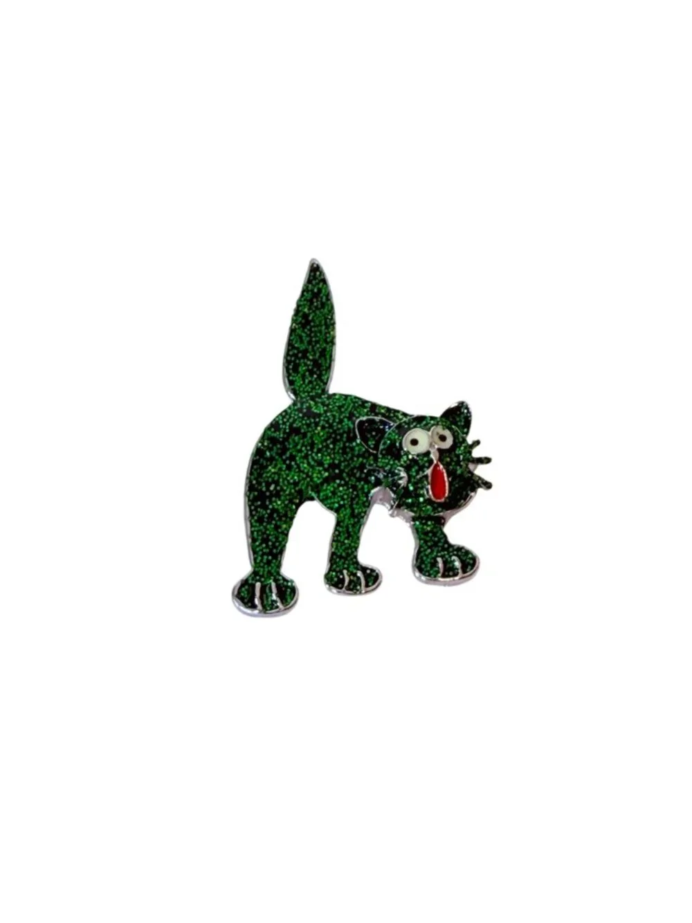 Halloween Green Glitter Cat Brooch Vtg 80s Funny Cartoon Kitty Spooky Pin Jewelr